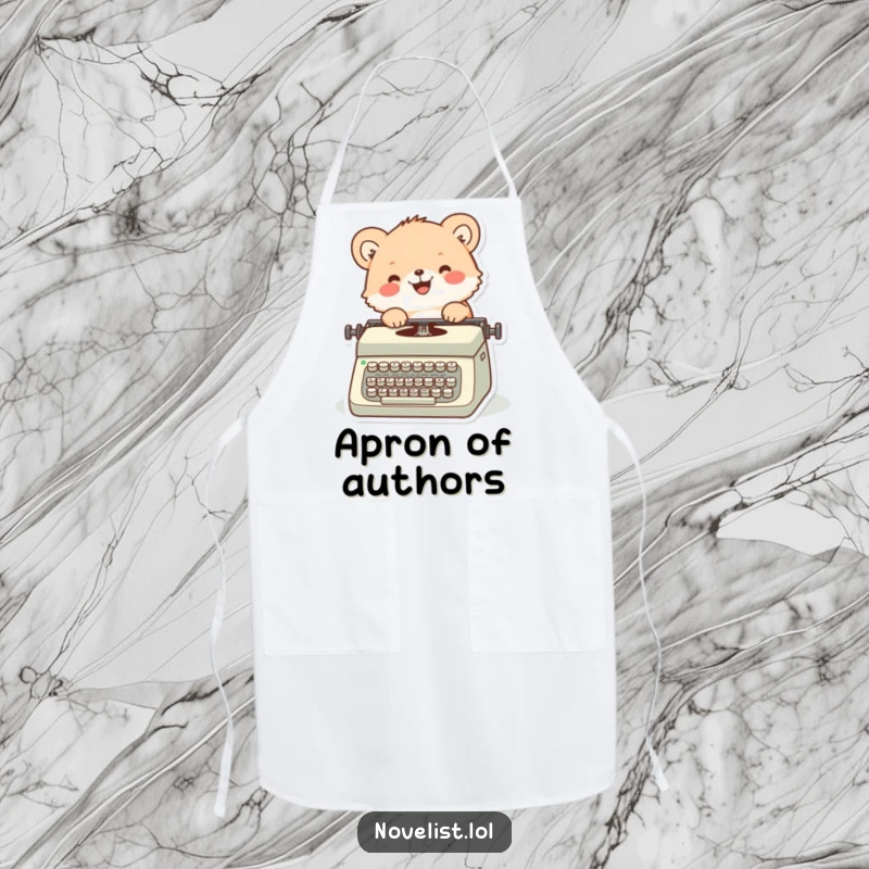 Funny apron showing a happy fuzzy animal typing with enthusiasm on a vintage typewriter, ready for culinary adventures.