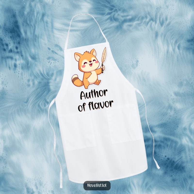 Funny apron showing a dramatic animal character holding a quill pen high with great enthusiasm, ready for culinary performance.