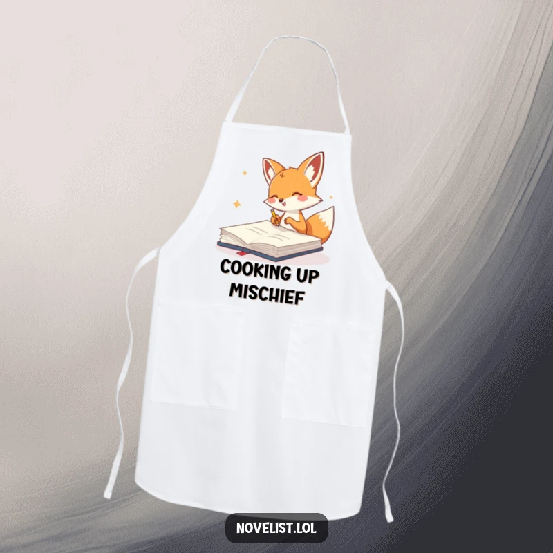 Funny Apron featuring a cute fox gleefully scribbling in a giant notebook, perfect for protecting clothes during creative activities.