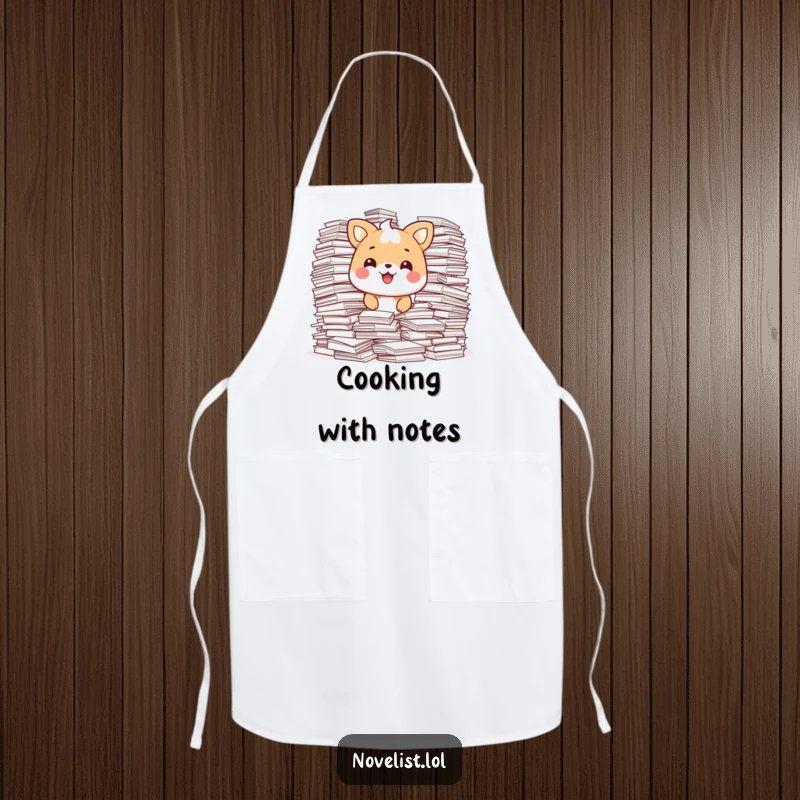 Funny Apron showing a happy animal character surrounded by overflowing stacks of paper, looking pleased and ready for work.
