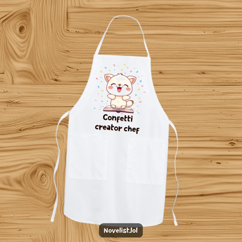 Funny apron depicting a happy animal scattering book pages like confetti, perfect for keeping clothes clean during messy cooking fun.