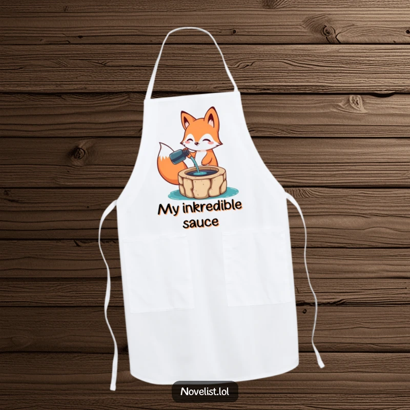 Funny Apron: A happy fox animal character pouring ink from a bottle into a well, a humorous design for artists and crafters who love to create.