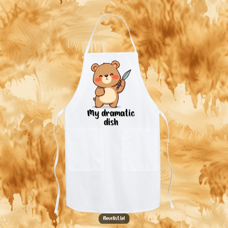 Funny Apron: A cheerful bear animal character dramatically gesturing with a quill pen, a humorous design for chefs and home cooks who love storytelling.