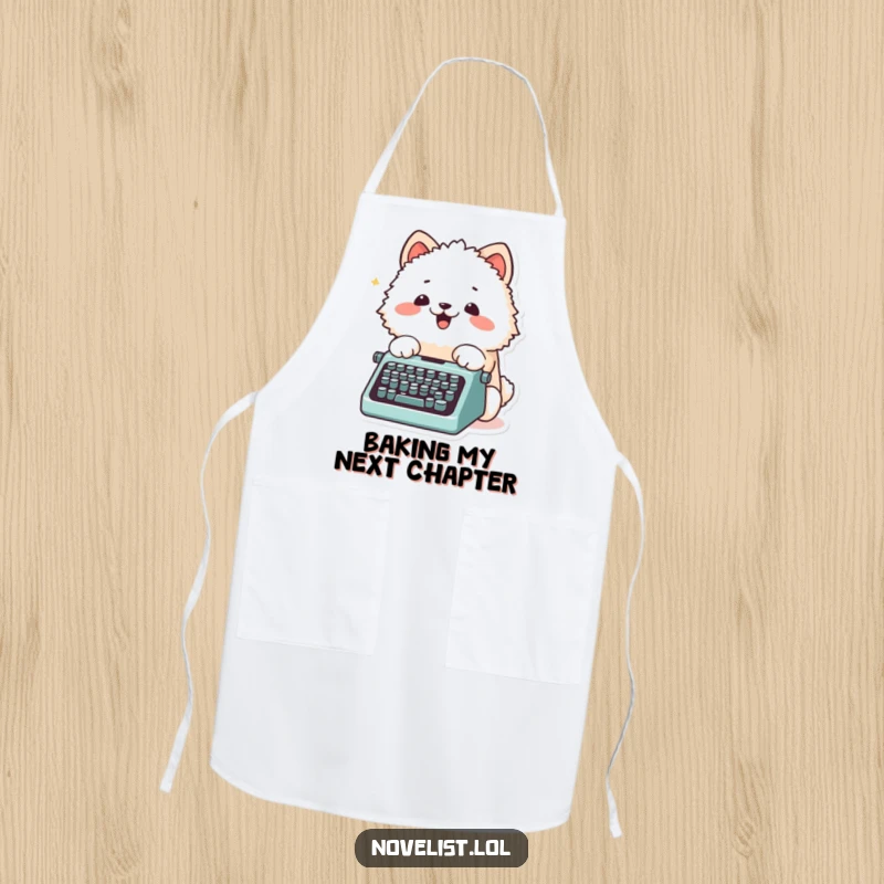 Funny Apron showing a fluffy animal character excitedly typing on a tiny typewriter with its paws, perfect for creative tasks.