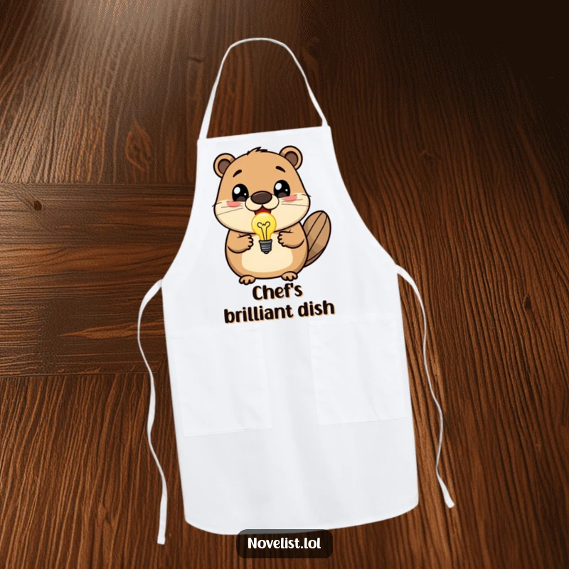 Funny apron showing a delighted beaver with wide eyes, holding a bright lightbulb, symbolizing great ideas in the kitchen.