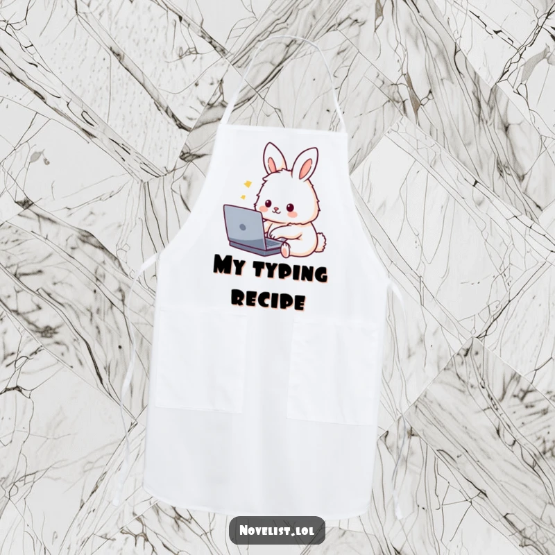 Funny Apron: A cute, fluffy rabbit character typing on a laptop, a humorous design for chefs and home cooks who love tech.