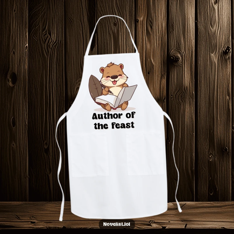 Funny Beaver Apron: A busy beaver with a quill pen, scribbling in a large book, designed for humorous cooks.