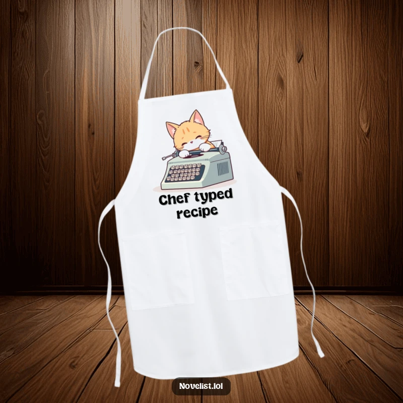 Funny apron illustration of a cute cat typing on a vintage typewriter, tail wagging, perfect for kitchen or study use.