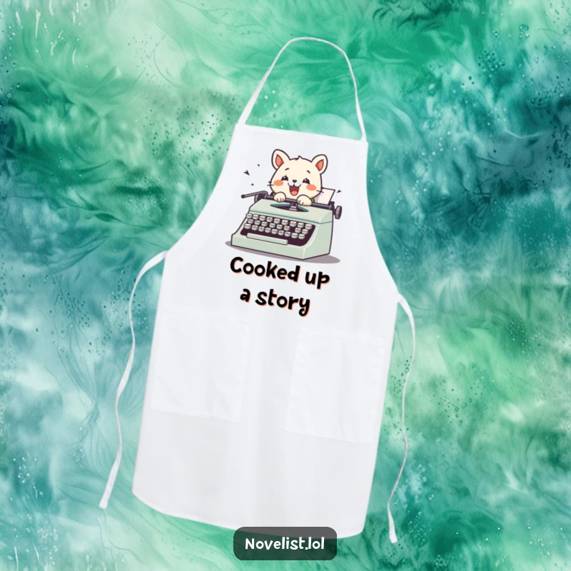 Funny apron with a cute animal character typing on a vintage typewriter, keys flying, bringing humor to kitchen tasks.