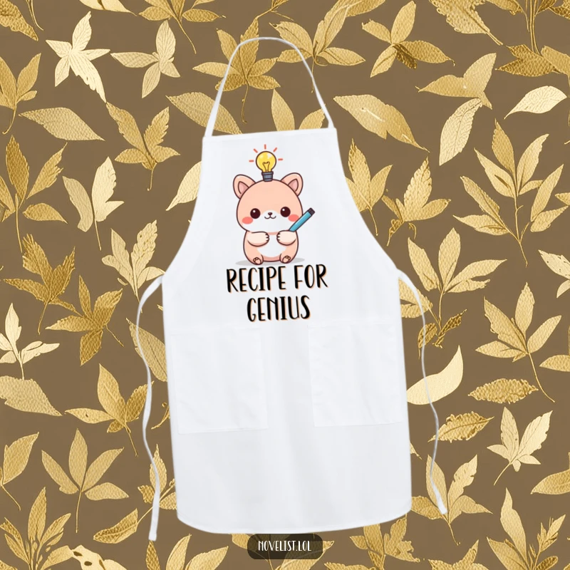Funny apron with a kawaii animal character, pen, and lightbulb, representing a humorous cooking idea.