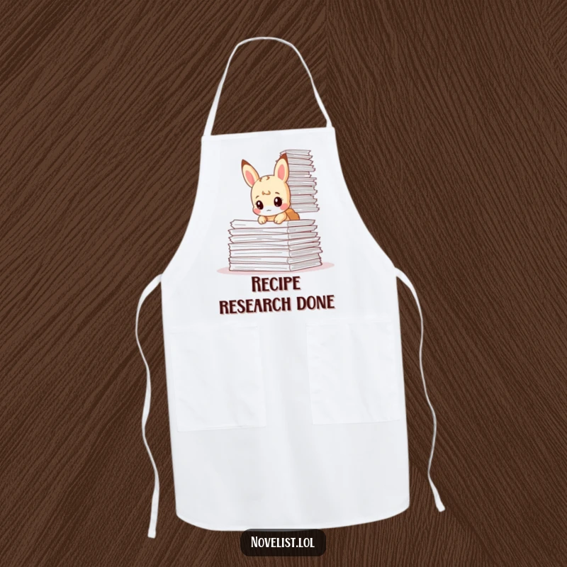 Funny apron with a tiny animal character buried under a giant stack of papers, suitable for humorous kitchen tasks.