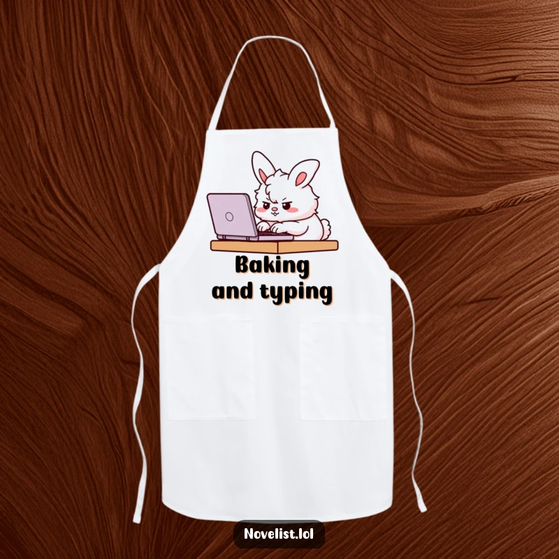 Funny Apron featuring a fluffy bunny character furiously typing on a laptop with a determined expression, perfect for kitchen focus.