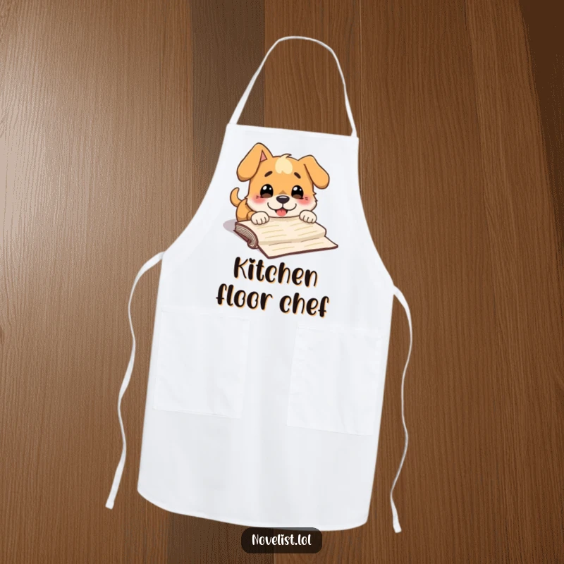 Funny apron with a dog character comically tripping over a manuscript, bringing humor to kitchen tasks.