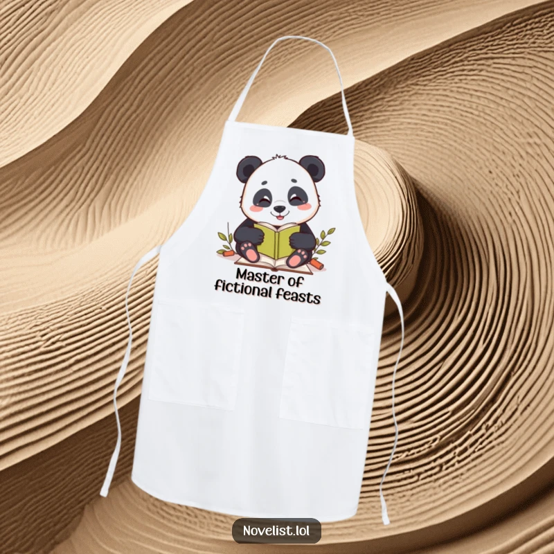 Funny apron featuring a panda character happily writing, blending culinary arts with storytelling for a humorous kitchen experience.