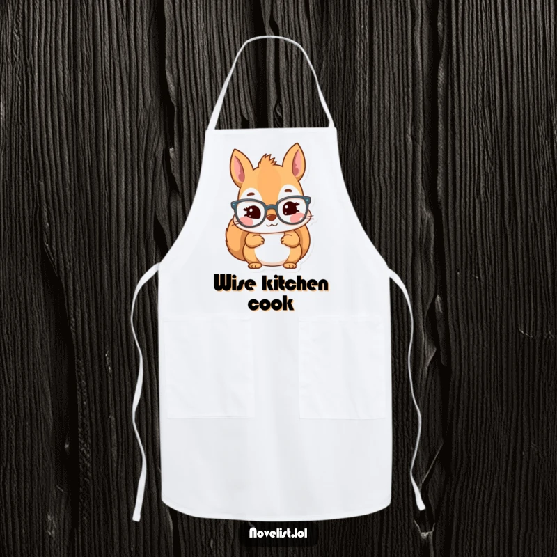 Funny apron with a kawaii squirrel character wearing reading glasses, looking inspired while cooking.