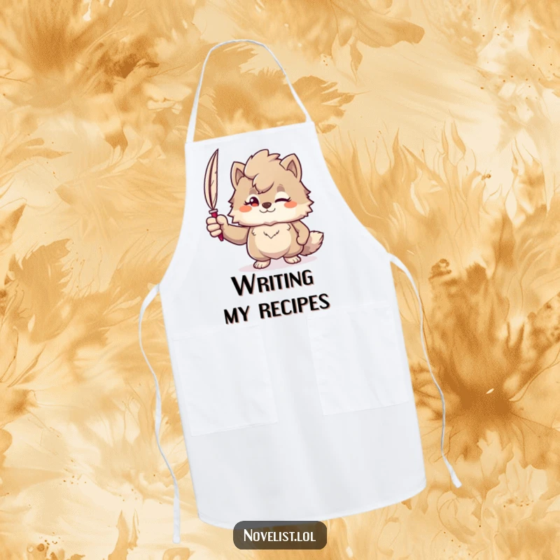 Funny apron with a confident furry character holding a quill pen, perfect for chefs who write their own recipes.