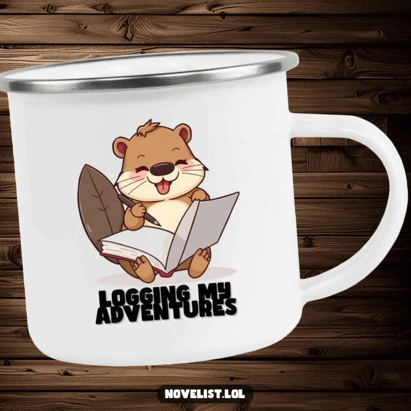 Funny Beaver Camping Mug: A busy beaver with a quill pen, scribbling in a large book, ready for outdoor creativity.