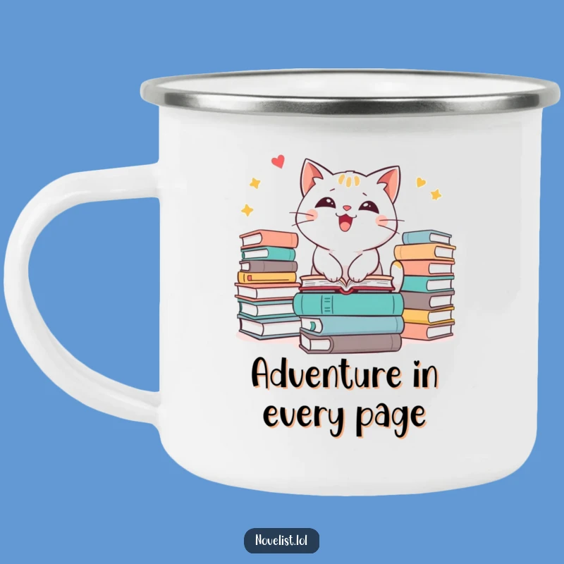 Funny Cat Bookworm Camping Mug - Adventure-Ready Feline Reader Gift