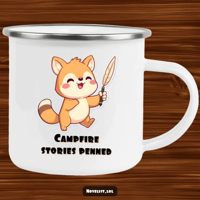 Funny camping mug with a dramatic animal character holding a quill pen high, ready for campfire tales.