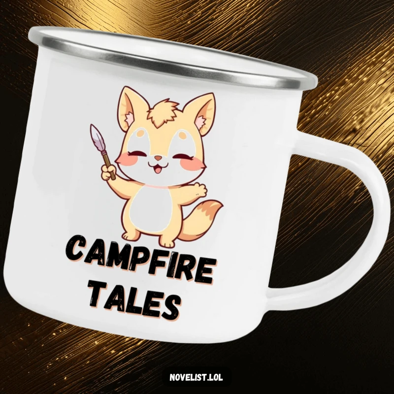 Funny Camping Mug: Animal dramatically gesturing with a quill pen, designed for creative outdoor sessions.