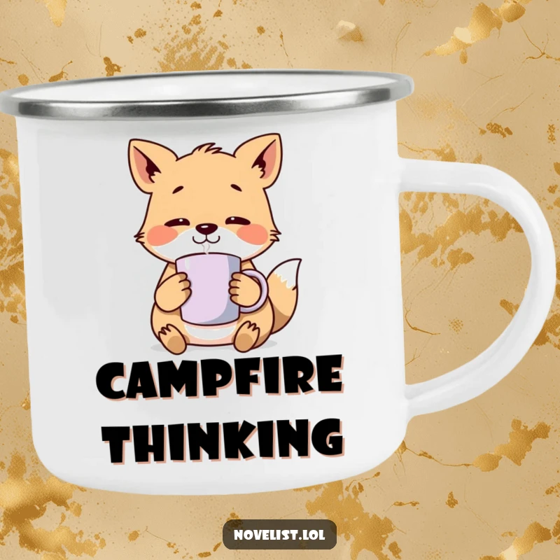 Funny Camping Mug: Sturdy mug featuring an animal character lost in thought with a steaming mug, perfect for enjoying beverages outdoors.
