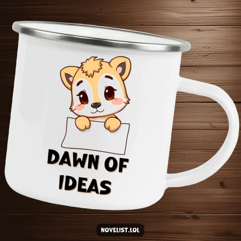 Funny camping mug with an animal character pondering a blank page, ideal for outdoor adventures and a funny gift for thinkers.