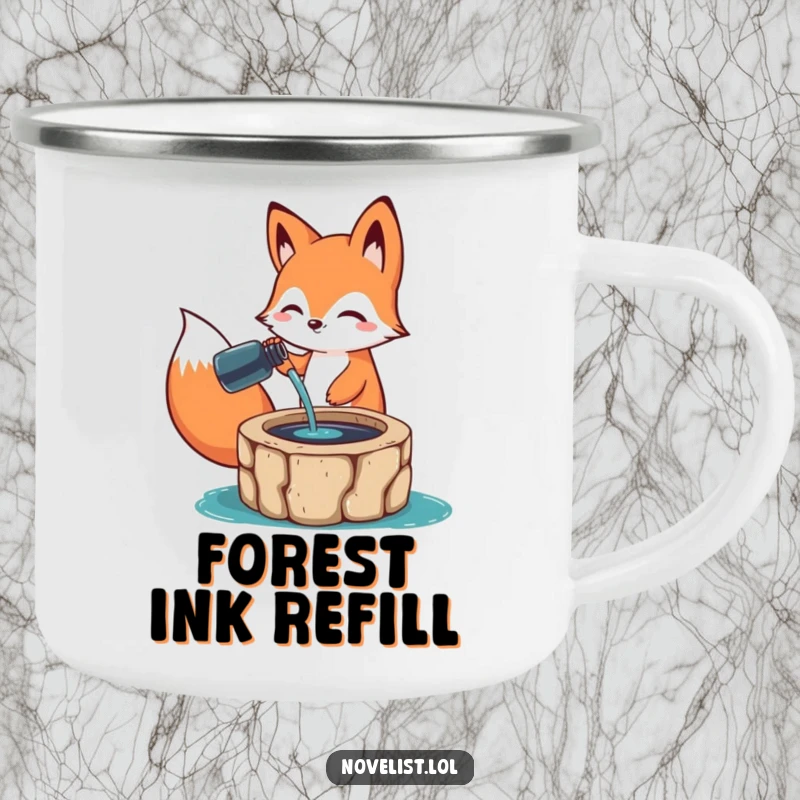Funny Camping Mug: Happy fox character pouring ink from a bottle into a well, designed for adventure and offering a humorous, durable drinking experience.