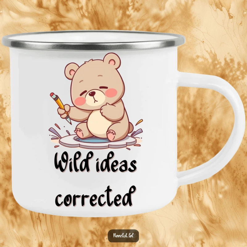 Funny camping mug with a clumsy bear swatting a plot hole with a pen, perfect for writers on the go.