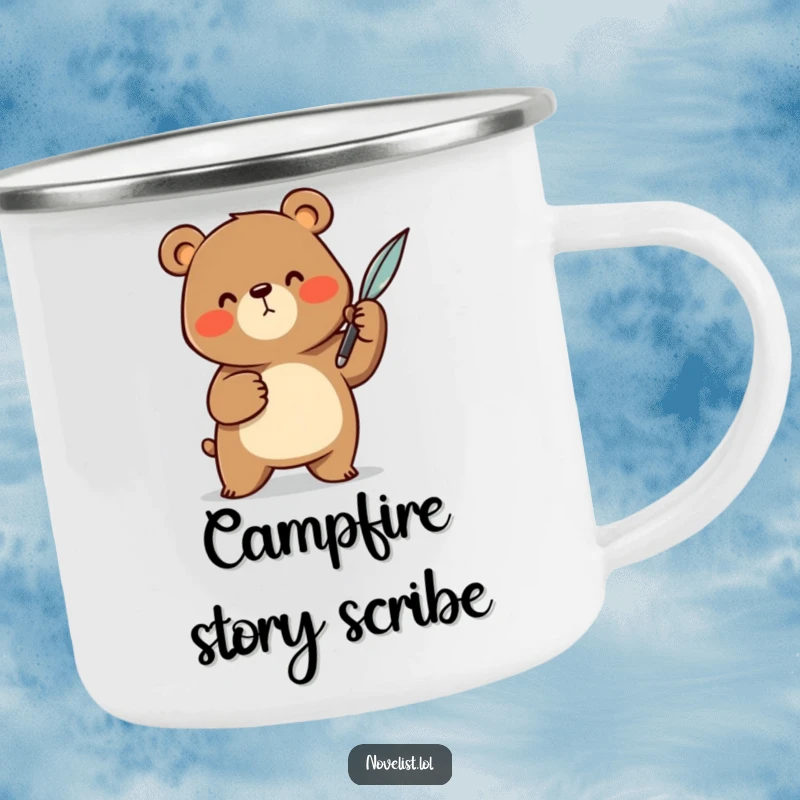 Funny Camping Mug: Cheerful bear character dramatically gesturing with a quill pen, designed for adventure and offering a humorous, durable drinking experience.