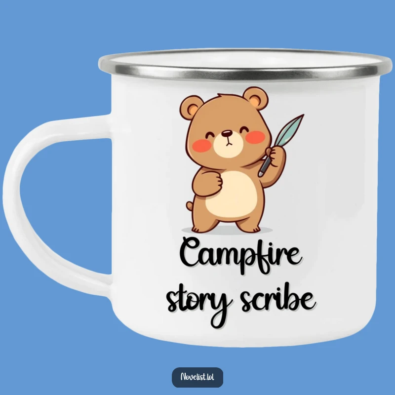 Funny Camp Scribe Mug: Cheerful Bear With Quill - Hilarious Outdoor Writer's Gift
