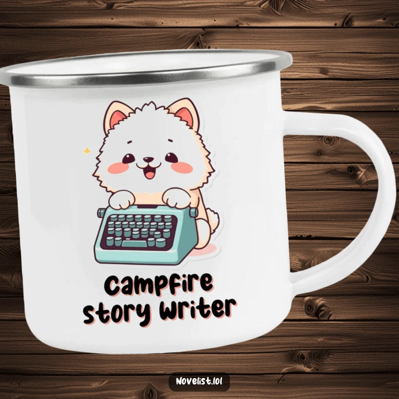 Funny Camping Mug showing a fluffy animal character excitedly typing on a tiny typewriter with its paws, perfect for campers.