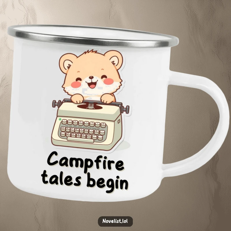 Funny camping mug with a fuzzy animal happily typing on a vintage typewriter, set against a rustic backdrop.