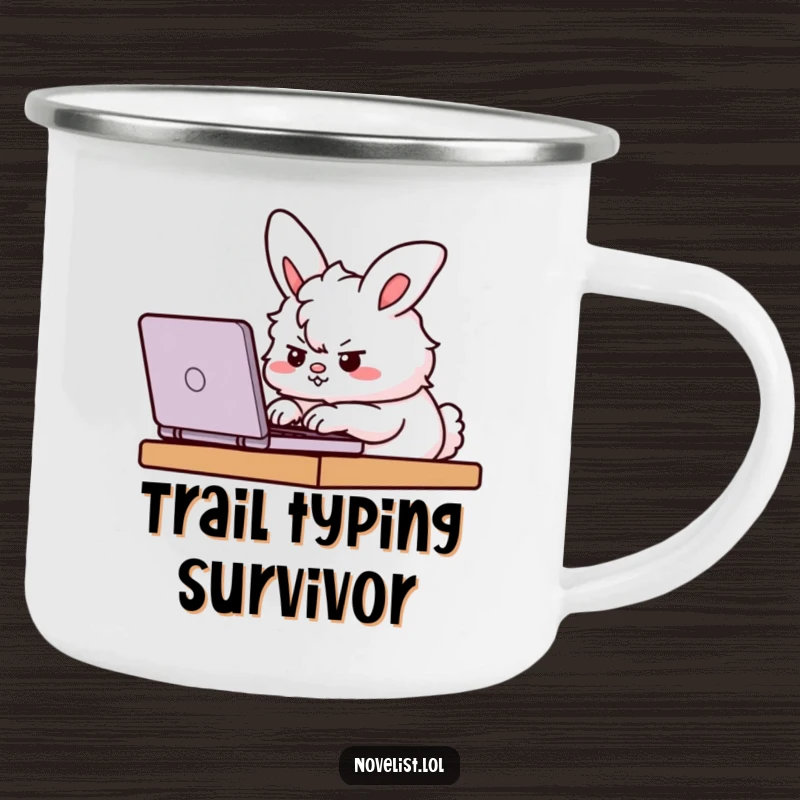 Funny Camping Mug with a determined fluffy bunny furiously typing on a laptop, perfect for outdoor enthusiasts who hustle.