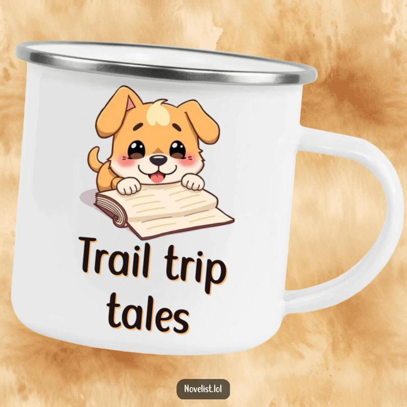 Funny camping mug with a dog character comically tripping over a manuscript, perfect for outdoor writing sessions.
