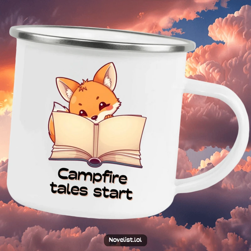 Funny camping mug featuring a curious fox peeking from an open storybook, ideal for enjoying drinks in the great outdoors.