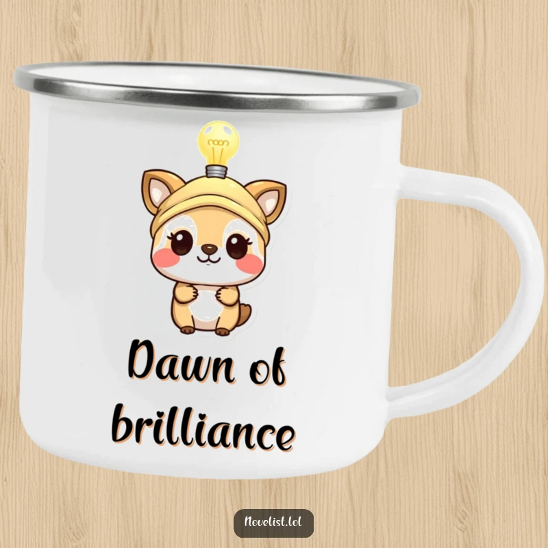 Funny camping mug featuring a small animal with a thinking cap and lightbulb, perfect for enjoying beverages outdoors and thinking.