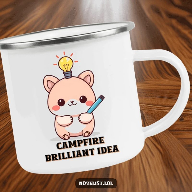 Funny camping mug with a kawaii animal character, lightbulb, and pen, symbolizing humorous ideas during outdoor adventures.