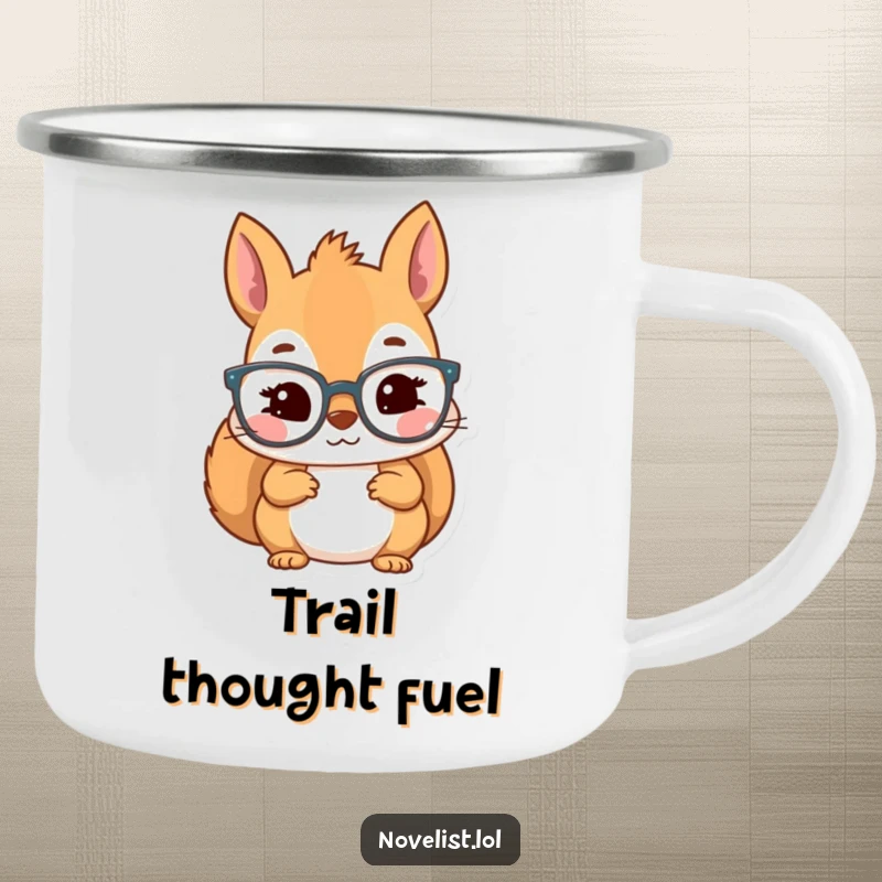 Funny camping mug with a kawaii squirrel character wearing reading glasses, looking inspired, perfect for outdoor study.