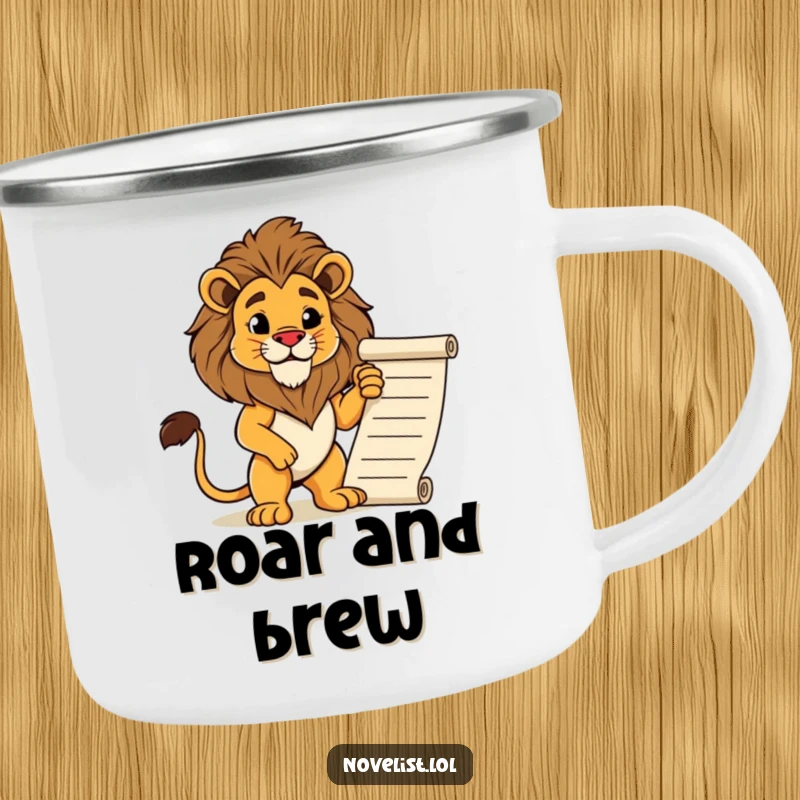 Funny camping mug with a proud lion striking a regal pose next to a manuscript. Rugged and humorous for the adventurous ruler.