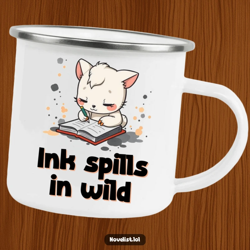 Funny camping mug with a whimsical animal character scribbling in a notebook amidst ink splatters, symbolizing humorous creativity outdoors.