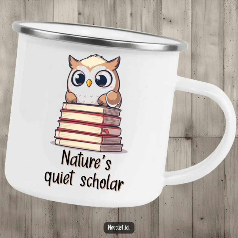 Funny camping mug featuring a startled owl peering out from behind a stack of manuscripts, great for outdoor enthusiasts.