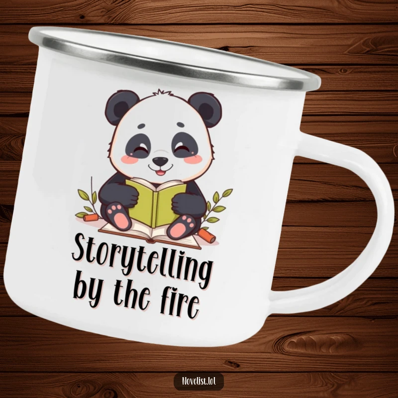 Funny camping mug featuring a panda writing a story, ideal for outdoor adventures and sharing creative tales by the campfire.