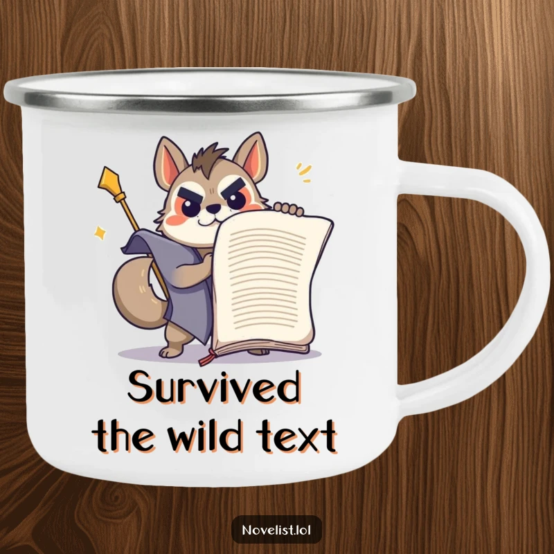 Funny determined animal wrestling a giant manuscript on a rugged enamel camping mug.