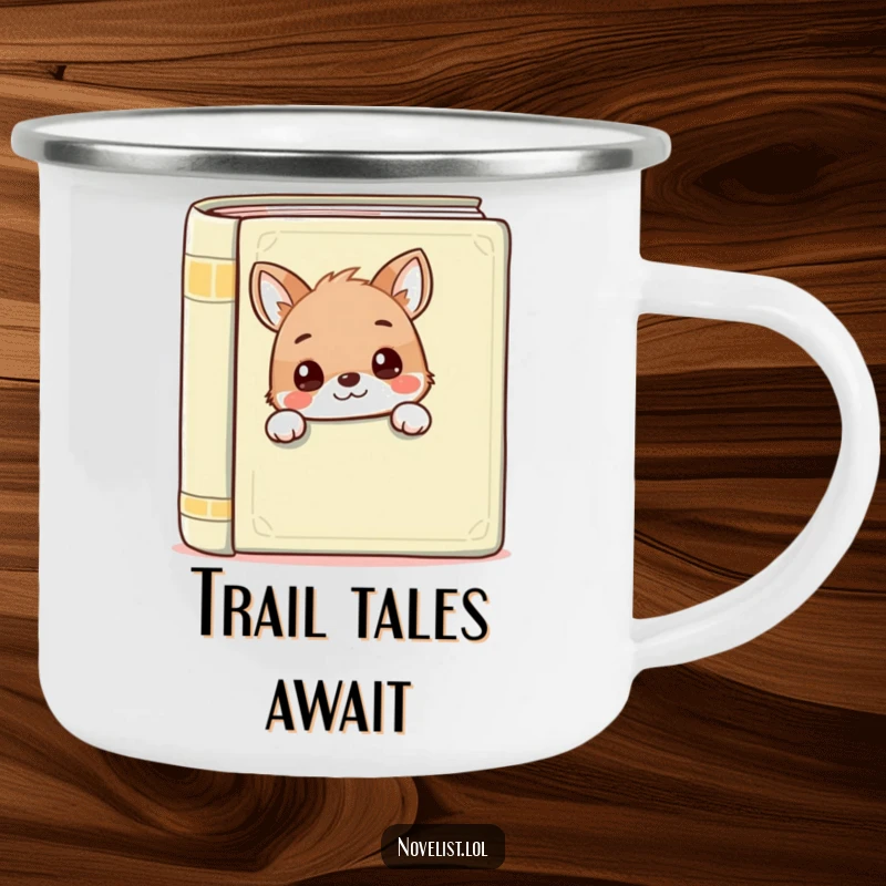 Funny camping mug with an animal peeking from behind a book, durable and humorous for outdoor adventures, a great funny gift.