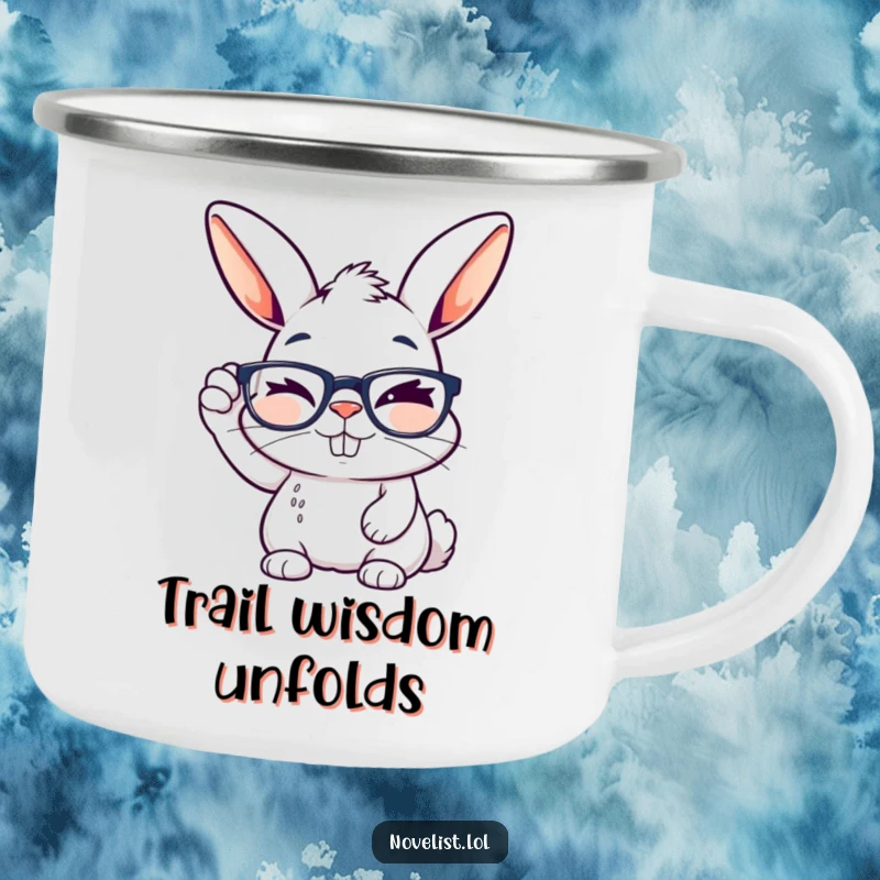 Funny camping mug with a winking rabbit adjusting reading glasses, great for outdoor enthusiasts with a clever sense of humor.