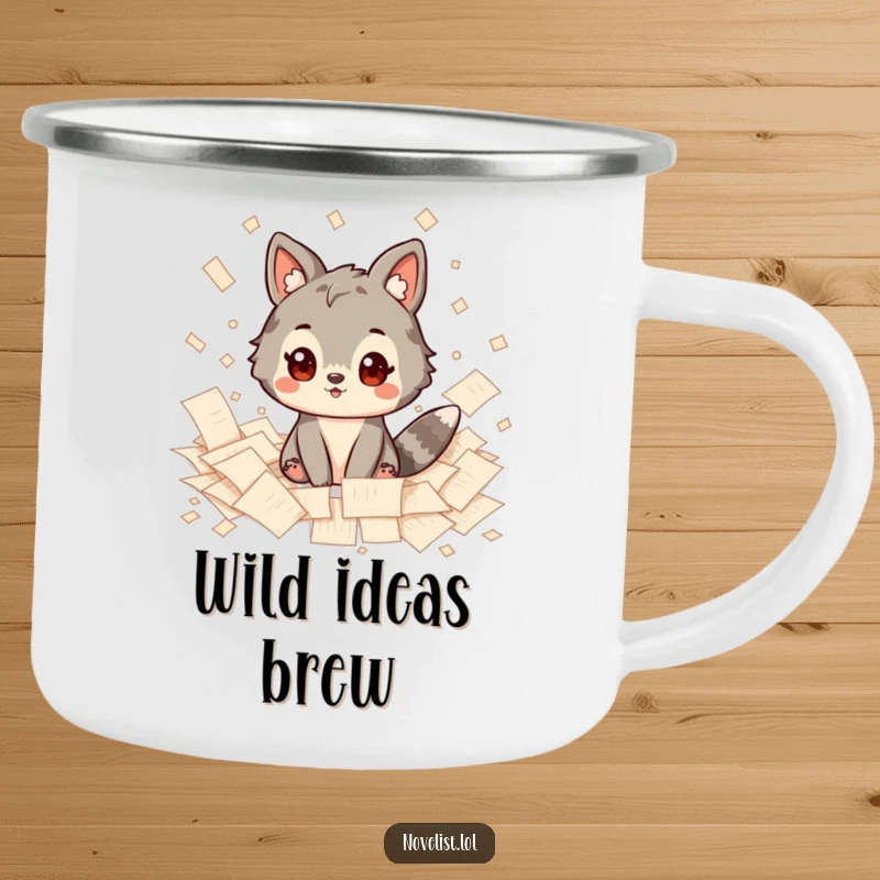 Funny Camping Mug: Sturdy mug featuring an inspired animal character surrounded by papers, perfect for outdoor creative sessions and humorous sipping.