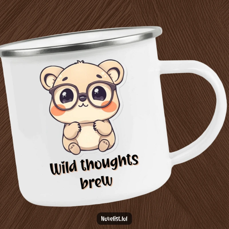 Funny Camping Mug: Spectacled animal contemplating a word, designed for outdoor contemplation and relaxation.