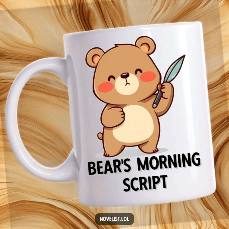 Funny Mug: A cheerful bear character dramatically gesturing with a quill pen, embodying storytelling and humorous artistic expression.