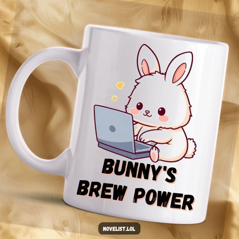 Funny Mug: A cute, fluffy rabbit character enthusiastically typing on a laptop, symbolizing productivity and humorous dedication to work.