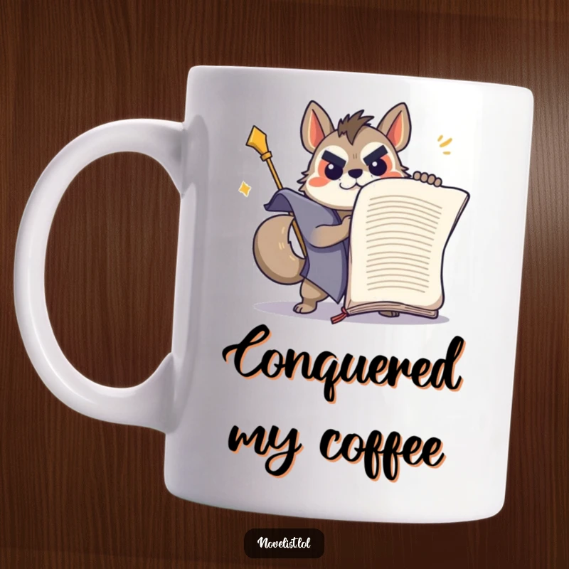Funny determined animal character triumphantly wrestling with a giant manuscript on a ceramic mug.